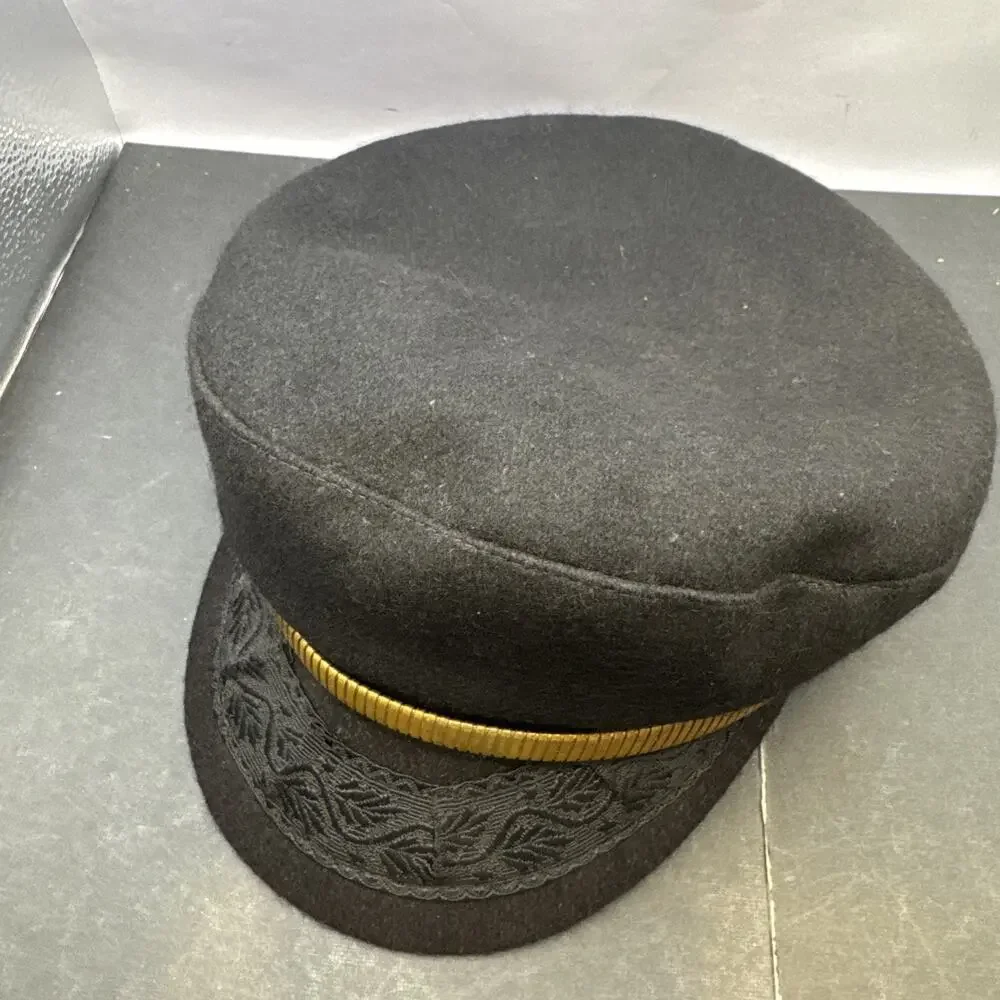 Vintage Greek Fisherman Cap Black Wool Gold Band Made in Greece Nautical Hat